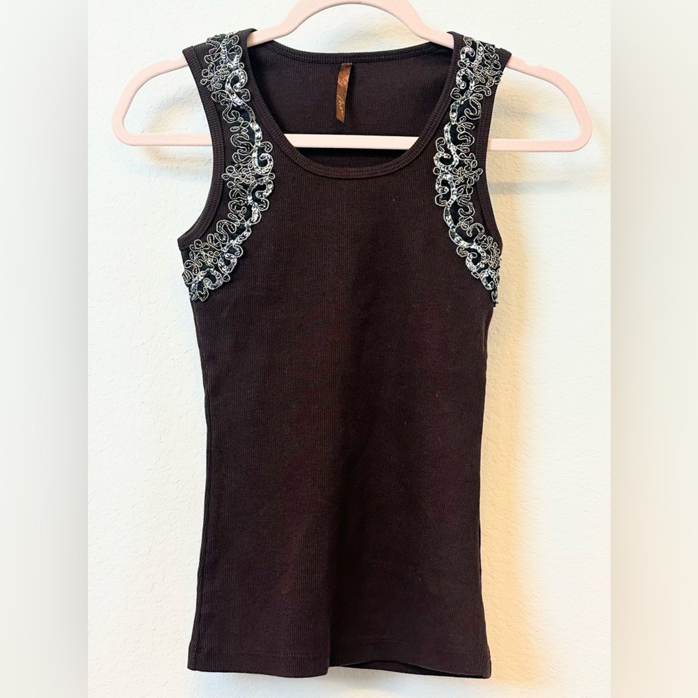 Brown Y2K Embellished Ribbed Tank Fairy Grunge Going Out Top